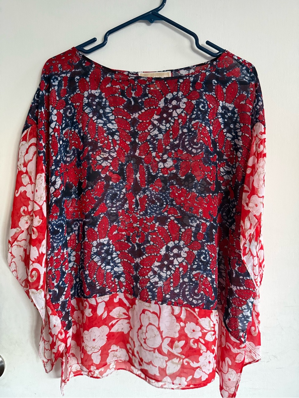 Michael Kors Red and Navy Floral Sheer Blouse